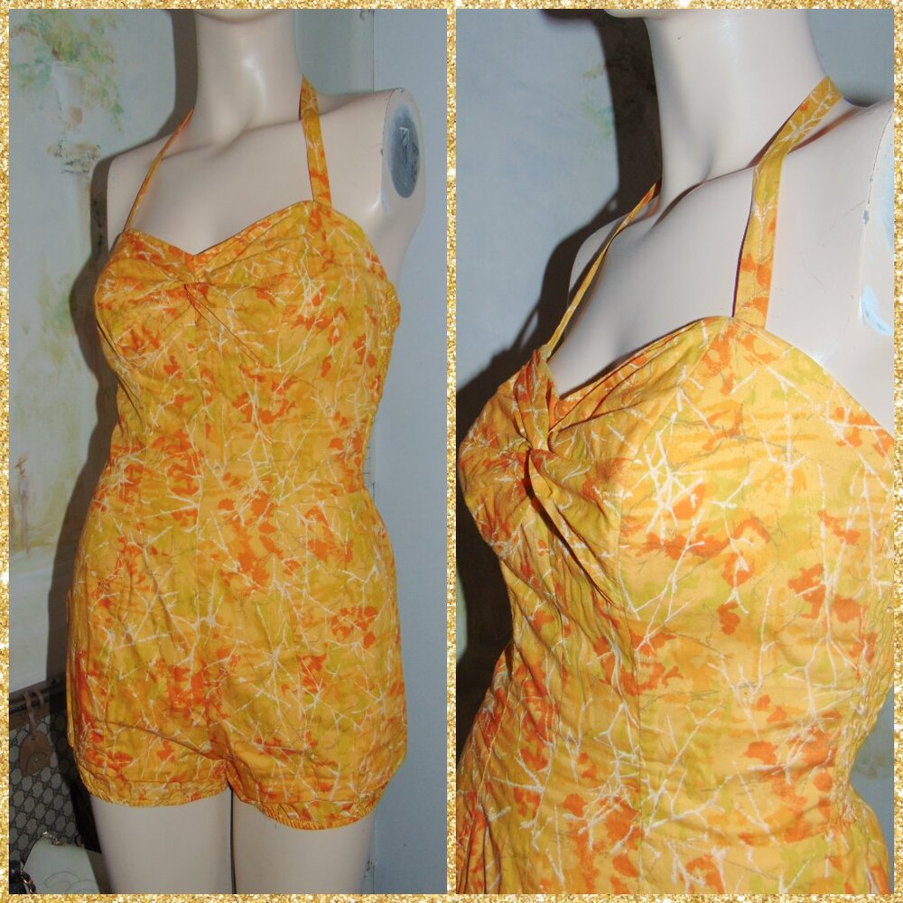 1950s Vintage Catalina Yellow Orange Twist Top One Piece Modesty Swimsuit Womens